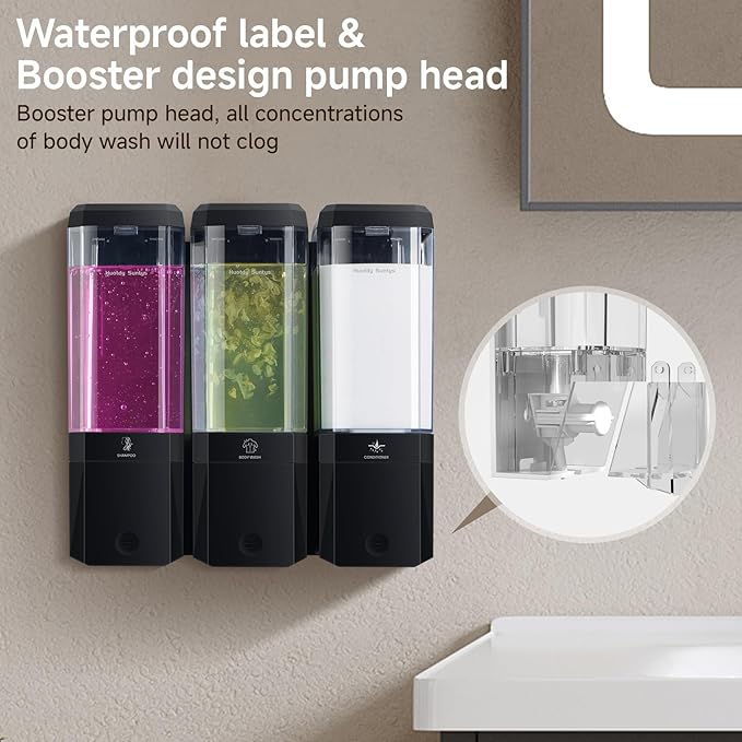 Shower Soap Dispenser Wall Mounted Shower Dispenser 3 Chamber No Drill Shampoo and Conditioner Dispenser Refillable Shampoo Dispener for Shower 3 * 500ml for Bathroom Hotel (Black 3 Chamber)