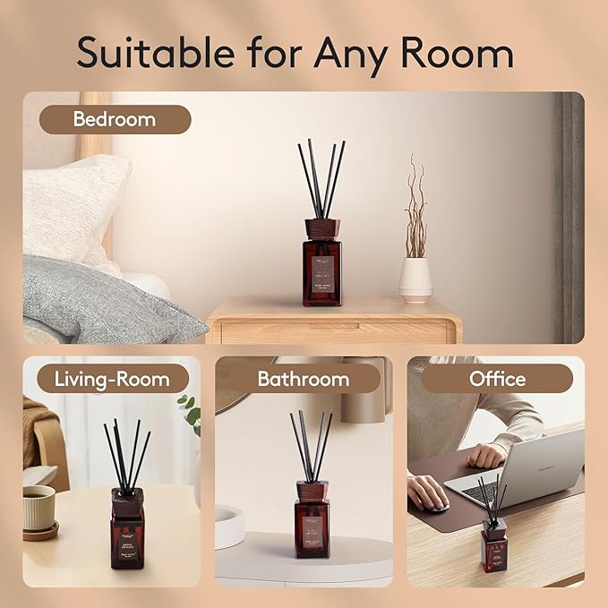 Reed Diffuser Set, 5.2 fl oz Sandalwood Reed Diffuser with Sticks, Reed Diffusers for Home Bedroom Apartment Bathroom Decor, Scented Diffuser Gift for Home Fragrance