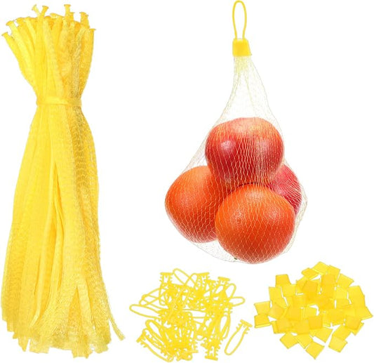 uxcell 100 Pcs Reusable Mesh Produce Bags, 30cm/12 Inch Washable Net Storage Bags Reusable Grocery Reusable Storage Bags with Plastic Buckle for Fresh Fruit Vegetables Seafood, Yellow