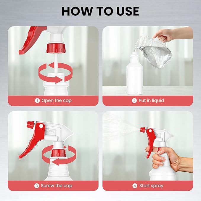 LiBa Spray Bottles (4 Pack,16 Oz), Refillable Empty Spray Bottles for Cleaning Solutions, Hair Spray, Watering Plants, Superior Flex Nozzles, Mist Sprayer, Bleach/Vinegar/Rubbing Alcohol Safe