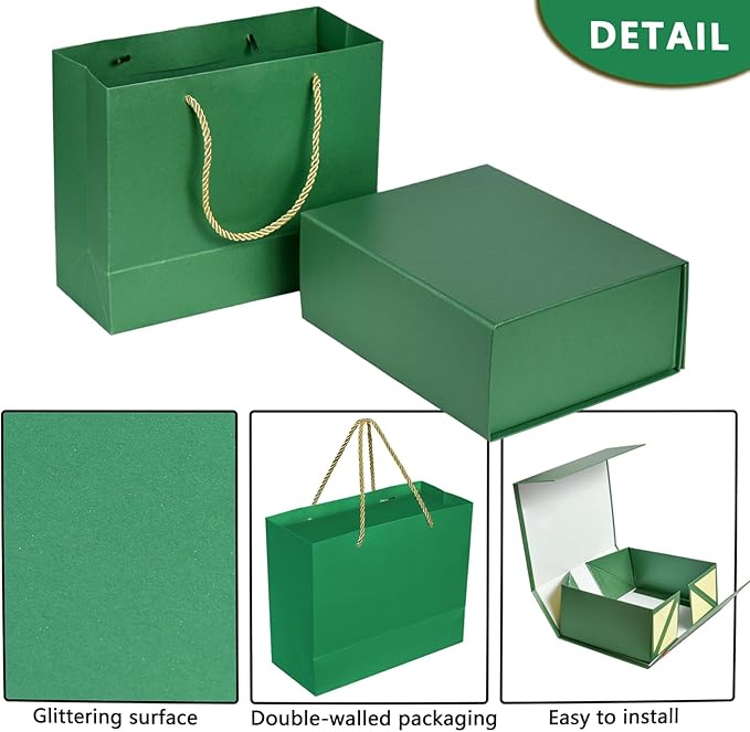 Elegant Gift Boxes with Gift Bag for Presents with Lids Magnetic Closure Rectangle Collapsible for Christmas, Valentine's Day，Birthday Gift Packging (Green)