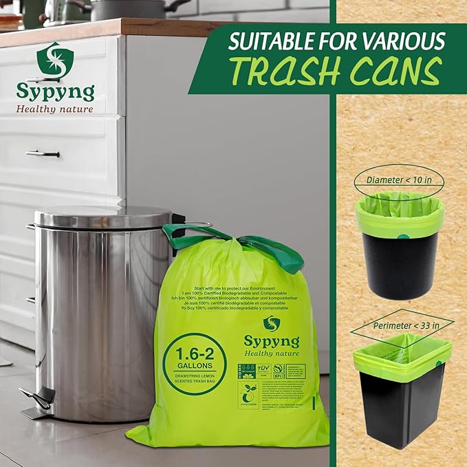Compostable Kitchen Trash Bags 1,6-2 Gallon (100-Pack) - Heavy-Duty 1.1 Mil, 100% Biodegradable, ASTM D6400, BPI & OK Compost HOME Certified, Eco-Friendly, Leakproof & Odor Control
