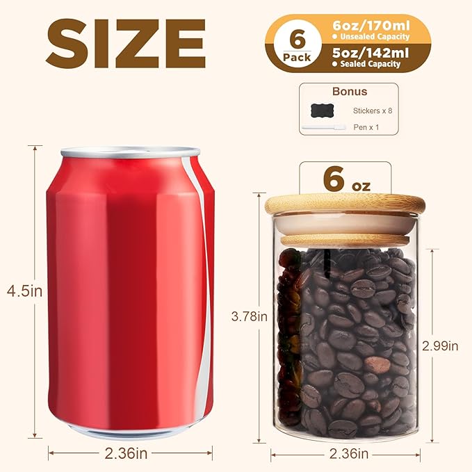 6oz Glass Food Storage Jars, Glass Jars with Bamboo Lids, Kitchen Storage Jars, Set of 6, Canisters with Airtight Lids for Spice, Coffee, Cookie, Pantry Organizers