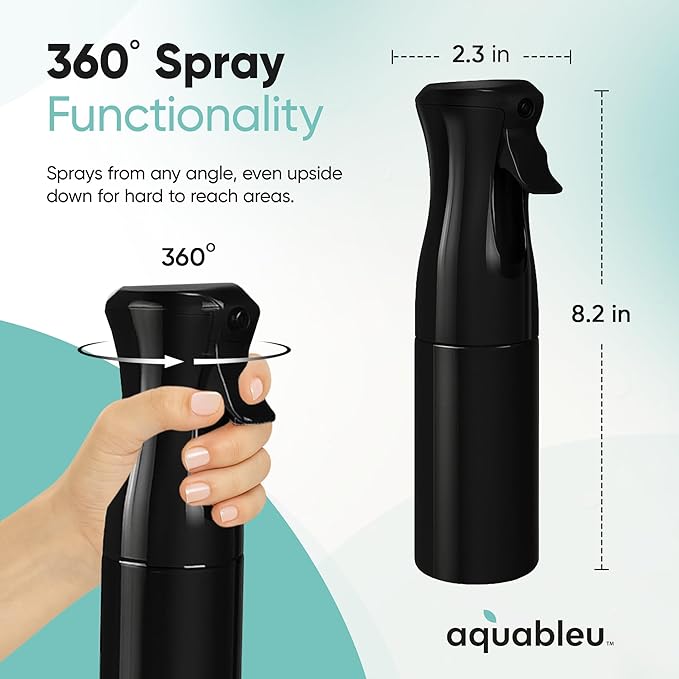 Aquableu Spray Bottle for Hair – Continuous Mist Spray Bottle for Hair Care, Styling, Cleaning, Plants, Pets & Essential Oils (Black, 6.76oz/200ml)