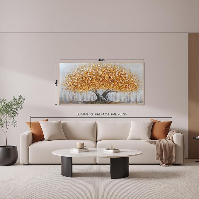 Gold Tree of Life Canvas Wall Art, Modern Abstract Textured Painting, Large Framed Panoramic Landscape Artwork for Living Room, Bedroom, Office, Home Decor 48"x24"