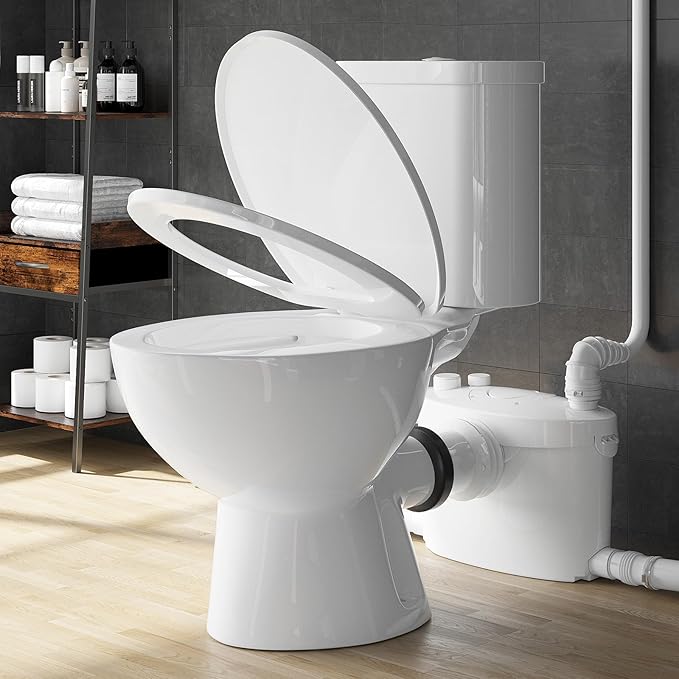 Simple Project Upflush Toilet for Basement, Macerating Toilets System with 600W Macerator Pump, Toilet Bowl with AC Vent & 4 Water Inltes ＆ Water Tank, Extension Pipe, Quiet Operation, Space Saving