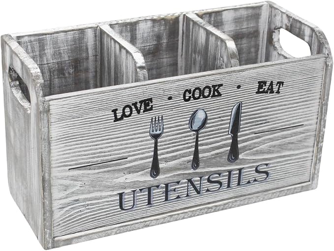 Fenteer Kitchen Utensil Holder Storage Crock Vintage Accessories Wooden Utensil Organizer Cutlery Box for Counter Hotels Restaurants, Gray