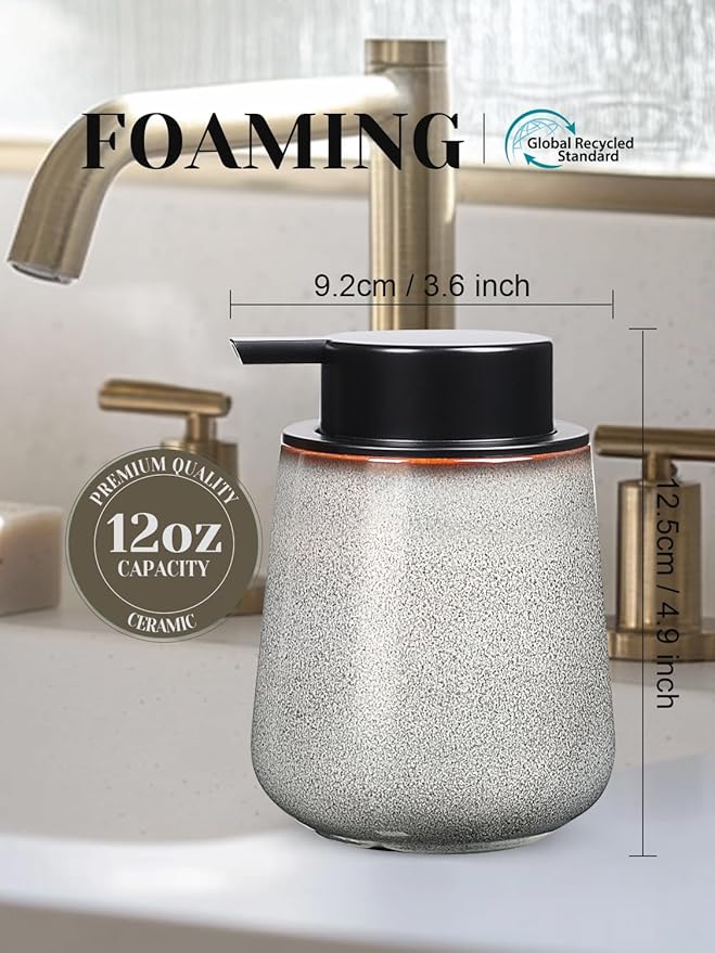 INGOFIN Ceramic Foaming Soap Dispenser -12oz Foam Hand Soap Dispenser Bathroom, Modern Refillable Dish Wash Soap Bottle for Kitchen with Large Pump,Kiln-Glazed