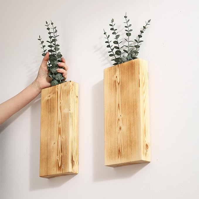 Wood Wall Planter Set of 2, Wood Wall Pocket for Greenery and Dried Flowers, Indoor Wood Hanging Vase, Modern Farmhouse Wall Decor for Living Room Bedroom Office Eucalyptus Stems Decorations (Retro)