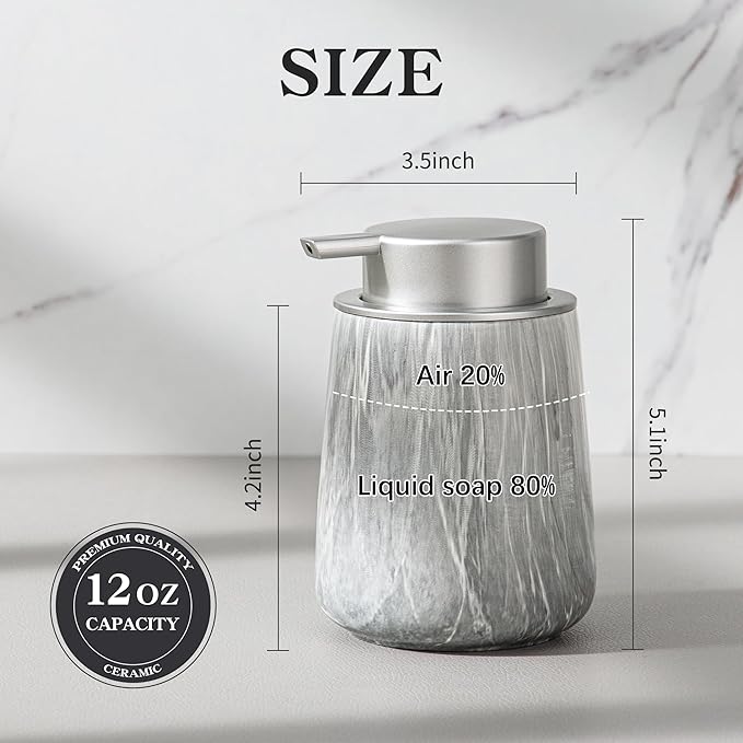 Enra Ceramic Foaming Soap Dispenser,12 oz GrayHand Foam Soap Dispenser for Bathroom Kitchen with Easy-to-Press Pump(Gray Foam Type)