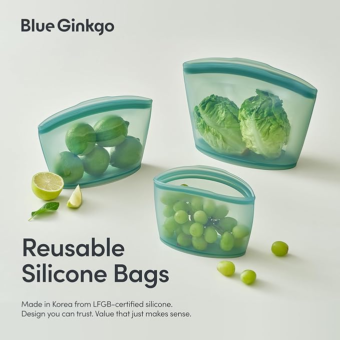 Blue Ginkgo Reusable Silicone Storage Bags – 3-Pack | Korean-Made Stand Up Food, Freezer Bags - Forest Green