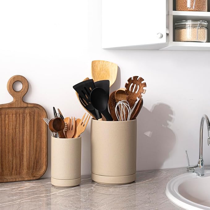 Utensil Holder, 7.3"+5.4" Ceramic 2-in-1 Utensil Holder Set for Countertop, Cooking Utensil Crocks for Kitchen Counter, Organizer for Spatulas & Spoons, Set of 2, Pottery Clay
