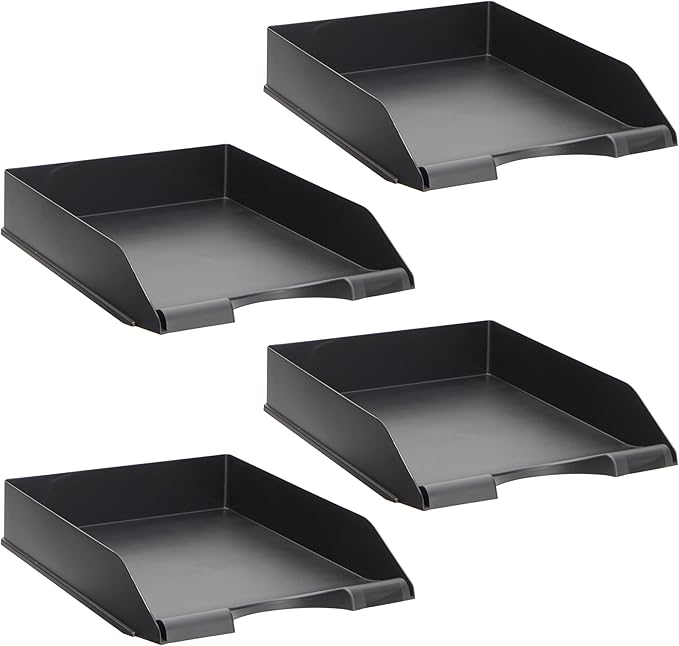 Stockroom Plus Letter Tray - Stackable Desk Organizer Trays - Desktop File Organizer - Mail & Document Storage - Pack of 4, Black, 10 x 13.5 x 2.5 in
