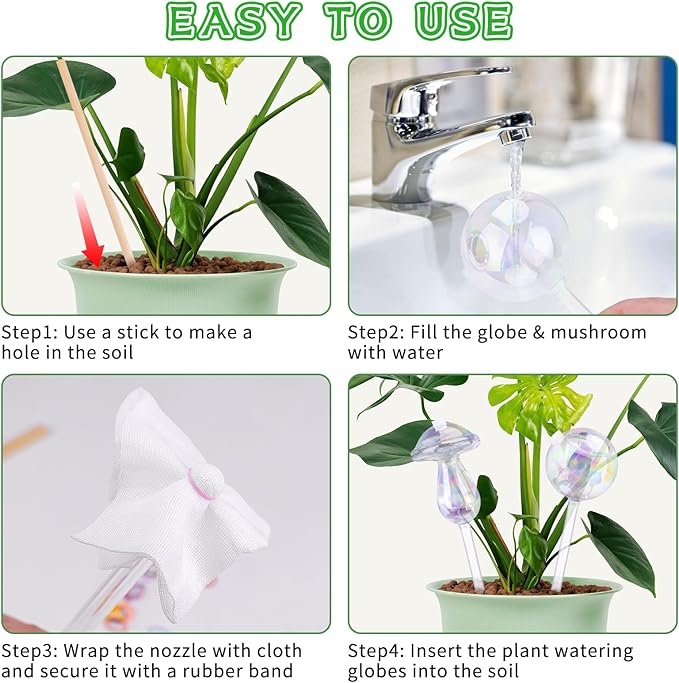 Hysagtek 4 Pack Plant Watering Globes, Self Watering Planter Insert, Plant Watering Bulbs Devices for Indoor and Outdoor Plants, Hand Blown Clear Glass Mushroom Watering Bulbs