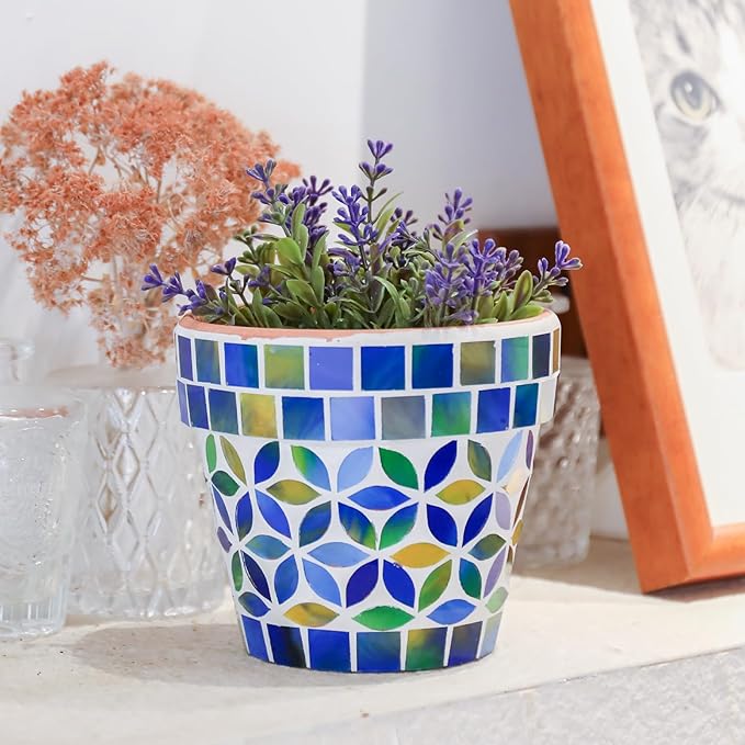 Small Mosaic Plant Pot Flower Pots Ceramic Planter with Drainage Hole Small Ceramic Pot for Indoor Outdoor Plants Succulent Pots Blue with Flower Design