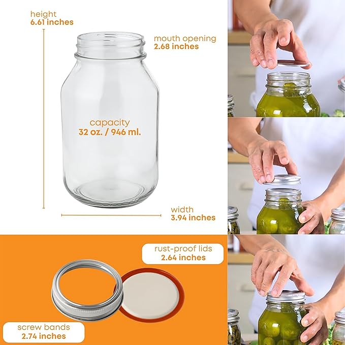 FastRack 32 oz Wide Mouth Mason Jars with Lids – Pack of 12 Quart Canning Jars for Food Storage, Pickling, Fermentation, Crafts – Reusable Airtight Large Glass Mason Jar with 1 Black Cap Gripper