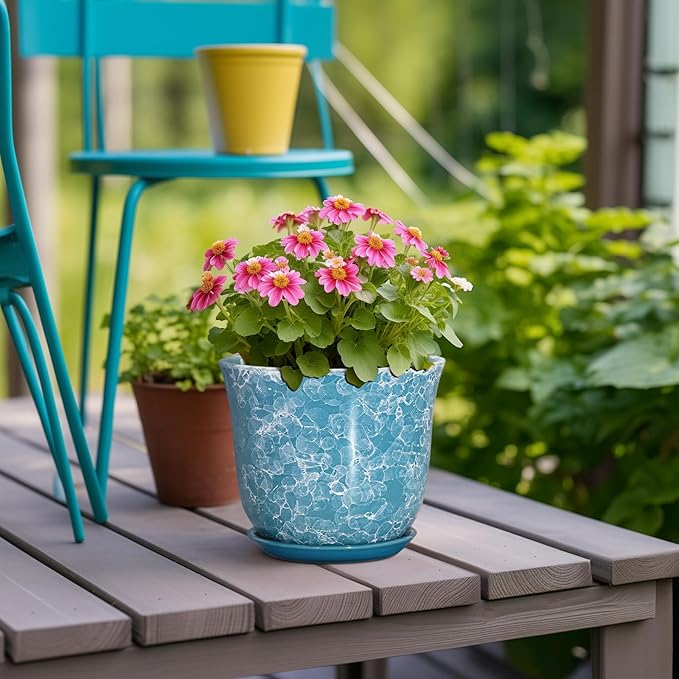 Ceramic Pots for Plants - 5.6 Inch Plant Pot with Drainage Hole and Saucer, Round Succulent Flower Orchid Pot for Indoor Outdoor, Modern Planter, Home Room Decor, Gift for Plant Lover, Blue