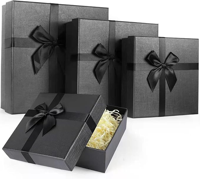 Black Gift Boxes with Lids, Set of 4 Nesting Presents Boxes for Gifts, Luxury Gift Wrap Boxes for Weddings, Birthdays, Anniversaris and All Gift Giving Occasions