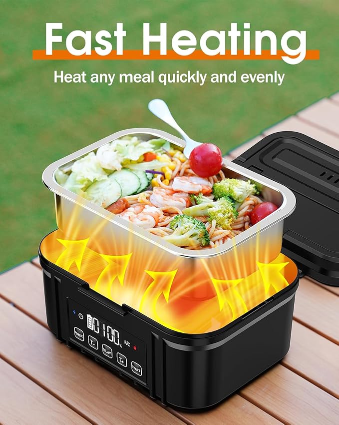 Cordless Electric Lunch Box for Adults – Battery-Powered Heated Lunch Box with 1.2L Stainless Steel Container, Timer Function, and Leak-Proof Food Warmer for Work, Travel & Office