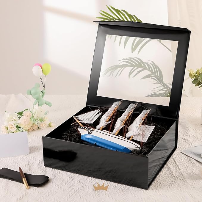PACKQUEEN Extra Large Black Gift Box with Window, 16.3x14.2x5 Inches Clear Gift Box for Present Contains Ribbon, Card, Groomsman Proposal Box with Magnetic Lid (Glossy Black)