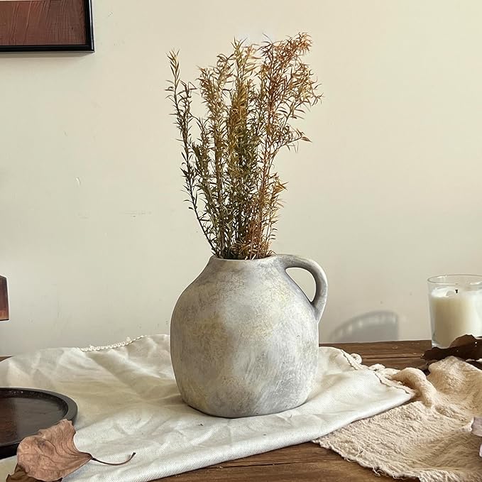 5.6 Inch Handmade Rustic Ceramic Vase with Handle, White Grey Vintage Farmhouse Vase, Pottery Flower Vase for Living Room, Office, Thanksgiving Centerpieces