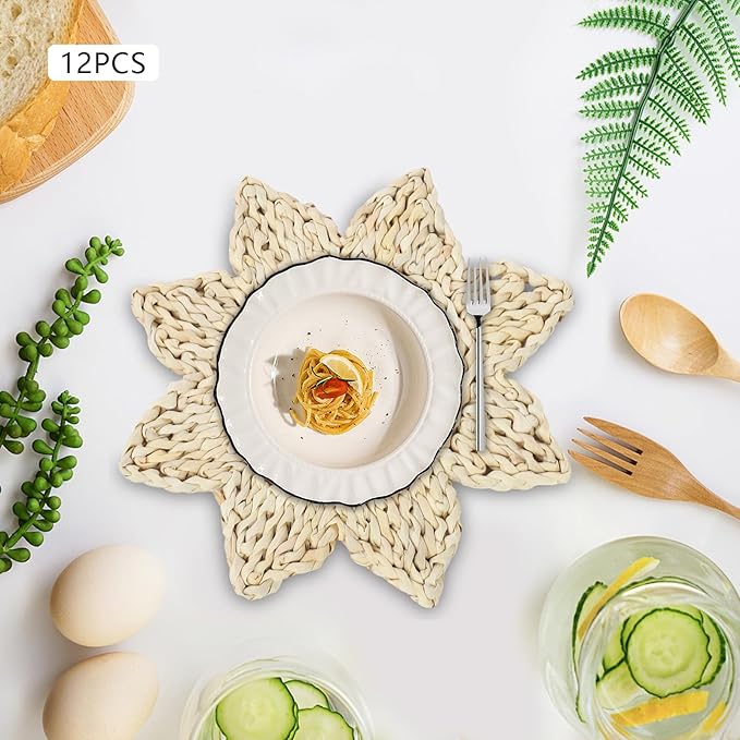 12pcs Corn Husk Placemats Placemats, Boho Wovean Rattan Table Mats, Farmhouse Wicker Spring P lacemats for Restaurant Dining Table Dessert Shops Coffee Shops 11.81in Polygonal Star