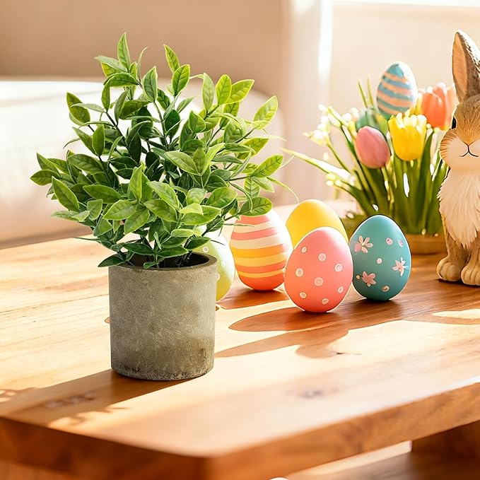 Artificial Potted Plants Faux Greenery in Cement Pots for Shelf, Bookshelf, Office or Home Decor, Small Decorative Fake Plants for Modern Indoor Display (7, XXL)