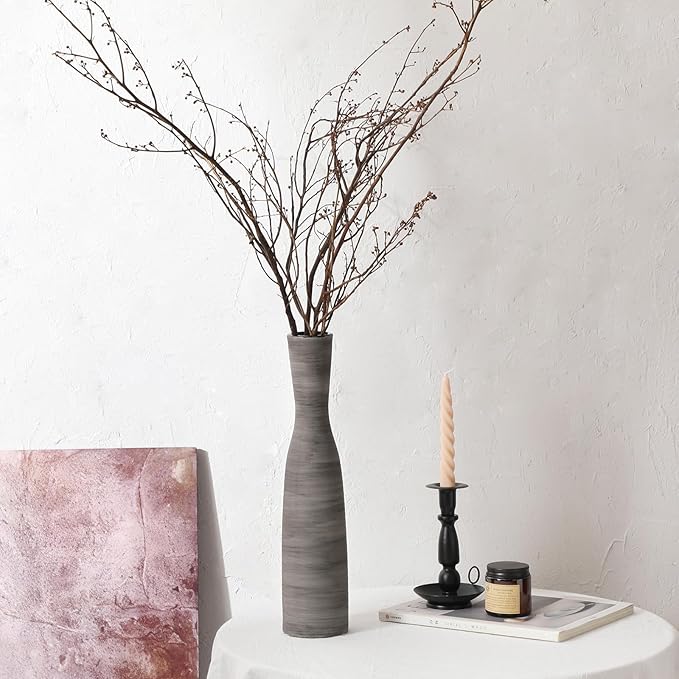 ALMA Black Skinny Tall Vase for Floor, 16'' Boho Gray Vase for Pampas Grass Dried Flower Bouquet, Decoratived Ceramic Rustic Vases for Home Decor, Living Room Floor, Mantel Decoration