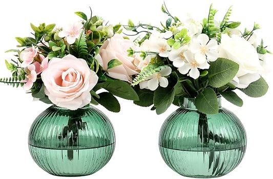 Round Glass Vases, Set of 2 Small Vases for Flowers, Green Glass Vase for Tulips, Modern Vase for Living Room, Office, Coffee Table, Shelf, Wedding, 5 Inches
