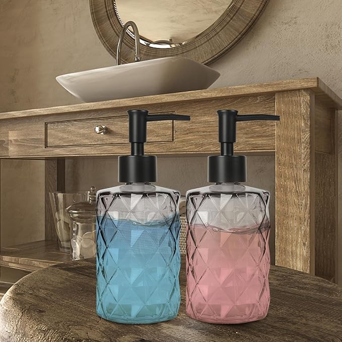 Glass Soap Dispenser with Plastic Pump, 2 Pack 12oz Gradient Diamond Design Black Soap Dispenser for Dishwashing Liquid, Lotion Shower Gel