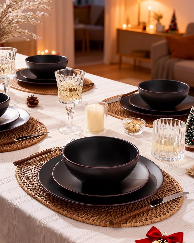 Famiware Venus Plates and Bowls Sets, 12 Pieces Stoneware Dinnerware Sets, Dishes Set for 4, Microwave and Dishwasher Safe, Matte Black