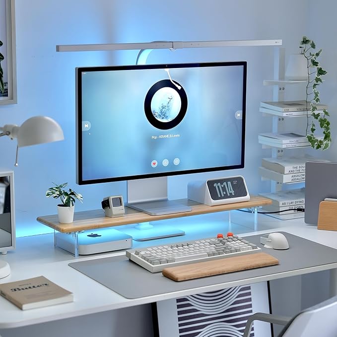 Bamboo Monitor Stand Riser with RGB Lights,31.5 Inches Desktop Shelf with Acrylic Legs Supports for Desk, PC Computer Monitor, Laptops, Printer, Speakers (Natural)