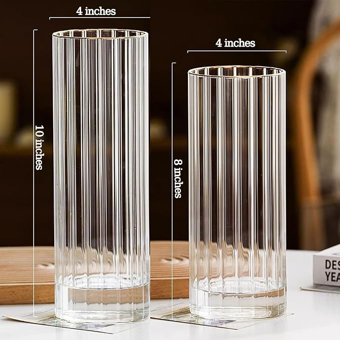 8 inch Clear Glass Flower Vases,Ribbed Vase for Centerpiece Table Home Indoor Desk Decor, Modern Boho Style Vase for Wedding House Gift
