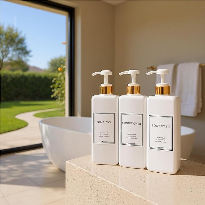 Modern Gold Design Large 27 oz Shampoo and Conditioner Dispensers - Empty Plastic Refillable Pump Bottle Set for Bathroom Shower Soap Dispenser, Gift Box Included, Set of 3 (White)