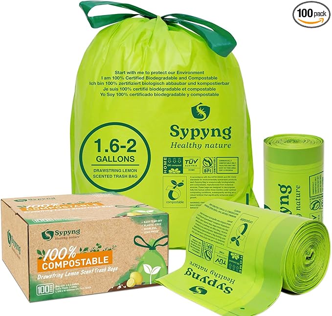 Compostable Kitchen Trash Bags 1,6-2 Gallon (100-Pack) - Heavy-Duty 1.1 Mil, 100% Biodegradable, ASTM D6400, BPI & OK Compost HOME Certified, Eco-Friendly, Leakproof & Odor Control