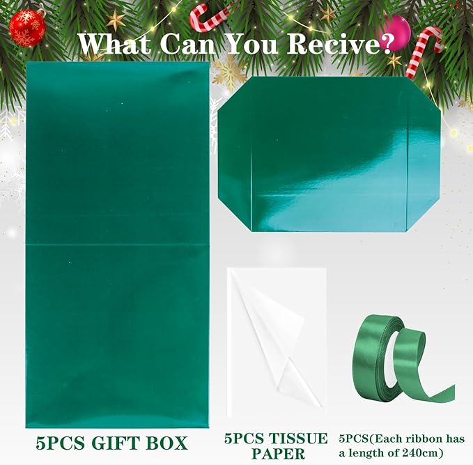 Jaywayang 5 Pack Green Gift Boxes with Lids, Ribbons and Tissue Papers Square Gift Boxes - 7.1 Inch - Christmas Presents Wrapping St. Patrick's Day Decoration Party Favor Boxes.