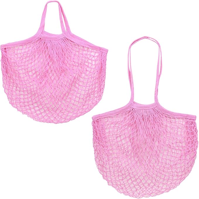 2-Pack Cotton Mesh Bag, Reusable Washable Mesh Net String Grocery Bags, Reusable Produce Bags with Handle, Net Tote Bag for Fruits/Vegetables Shopping [Pink, Long&Short Handle]