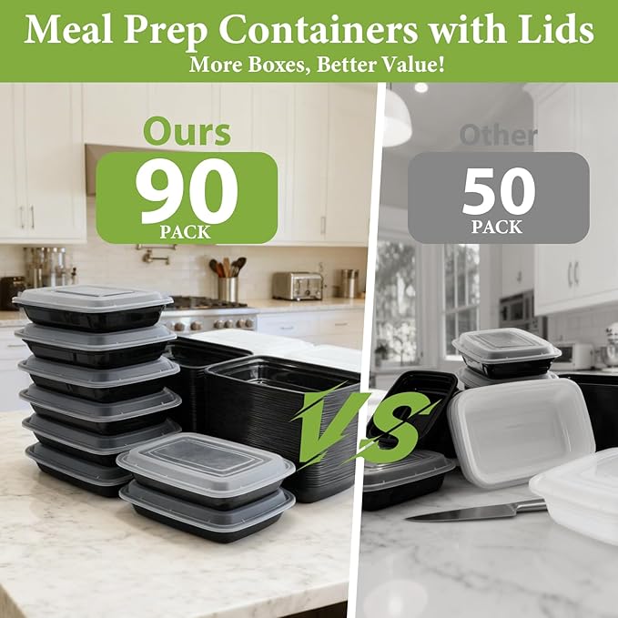90 Pack 28 oz Meal Prep Containers Reusable with Lids, BPA-Free Single Compartment Food Containers, Durable & Stackable To-Go Boxes, Reusable Microwave Freezer Dishwasher Safe