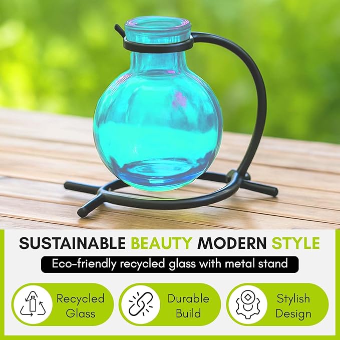 Couronne Company M501-200-09 Casablanca Recycled Glass Vase & Metal Stand, 4", Aqua, 1 Piece