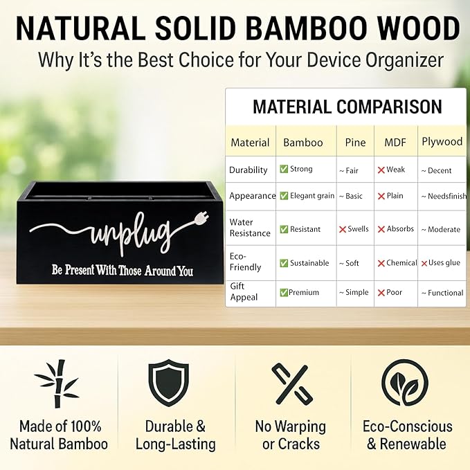 Bamboo Wood Phone Box – Unplug from Phones, Tablets, and Electronics for Study, Meetings, and Family Time, Phone Holder Organizer with Charging Holes, Farmhouse Style, Holds Up to 18 Phones-Black