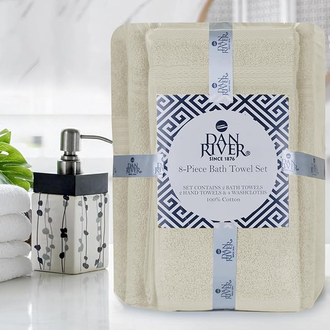 DAN RIVER 8 PC Luxury Bath Towels for Bathroom, 2 Bath, 2 Hand, and 4 Wash Cloths, 600 GSM 100% Ring Spun Cotton Towel Set, Highly Absorbent, Gym, Hotel, and Spa, Ivory
