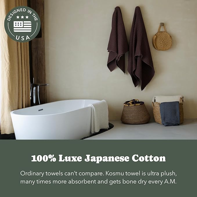 Luxury Japanese Cotton Waffle Bath Towel | Plush, Absorbent, and Quick Dry | Free Storage Bag Included (Dark Cocoa, Bath Sheet Set (3-Piece))