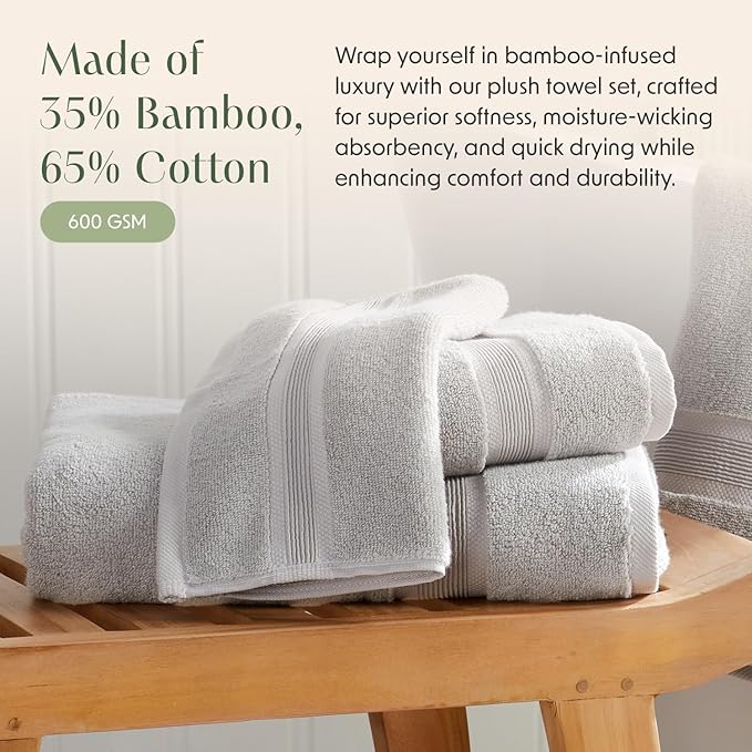 Springtree Home Luxury Bamboo Rayon Bath Towel Set 6 Piece Set | 35% Bamboo Rayon - 65% Cotton | Absorbent Quick-Dry Towels for Bathroom | Oeko-TEX Standard 100 Cotton | Grey