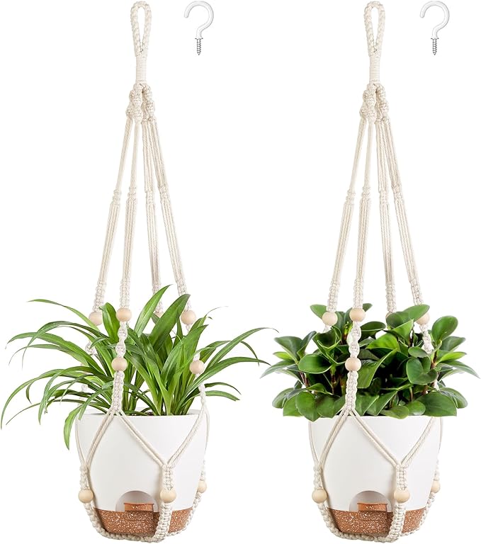 Mkono 6.5 Inch Hanging Planters, Macrame Plant Hangers with Self Watering Plant Pots Indoor Set of 2 Hanging Baskets Flower Pot Holders with Hooks No Tassels for Boho Home Decor, Ivory