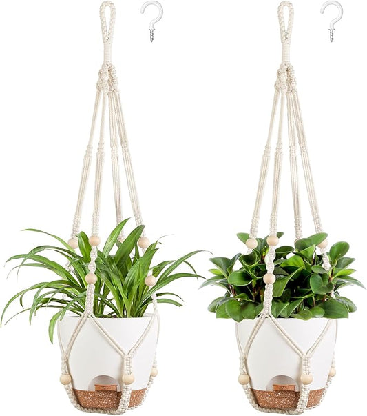 Mkono 6.5 Inch Hanging Planters, Macrame Plant Hangers with Self Watering Plant Pots Indoor Set of 2 Hanging Baskets Flower Pot Holders with Hooks No Tassels for Boho Home Decor, Ivory