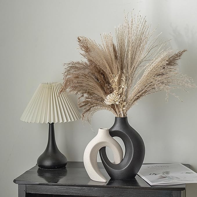 Black and Off-White Vases for Decor, Hollow Ceramic Vase Set of 2, Nordic Minimalist Aesthetic Snuggle Vases, for Table Centerpiece Dining Living Room Book Shelf Decoration (W 6.3" X H 8.4")