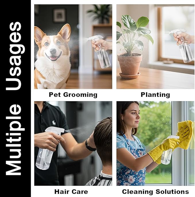 Plastic Spray Bottles 12oz 2 Pack Adjustable Mist/Stream Spraying Heavy Duty Square Water Spray Bottles for Hair, Cleaning Solutions, Plants，Essential Oils (Clear)