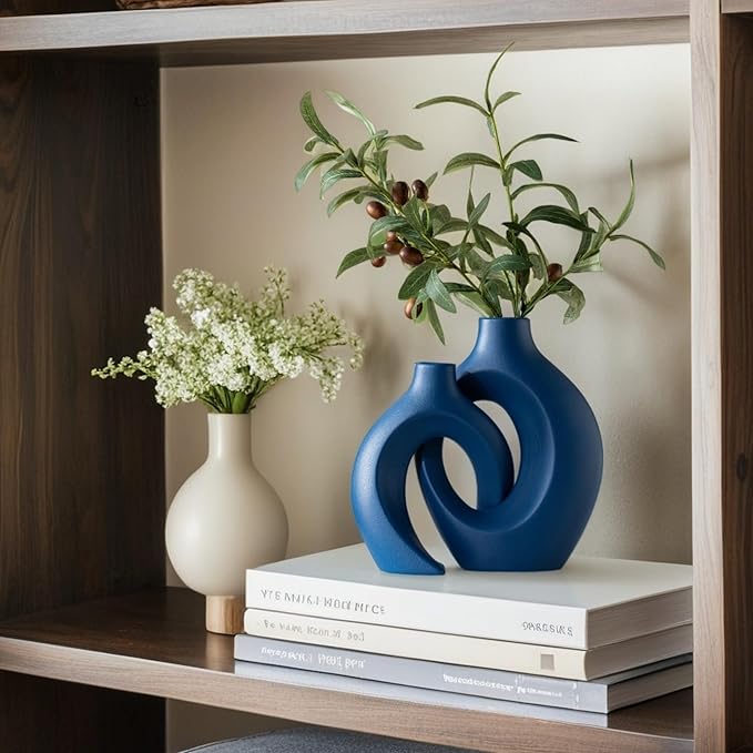 Snuggle Hollow Ceramic Vase Set of 2, 8.4 Inch Hug Donut Modern Nordic Boho Style Vases for Home Decor Anthropologie Aesthetic Living Room Shelf Coffee Table Decorative (Navy Blue)