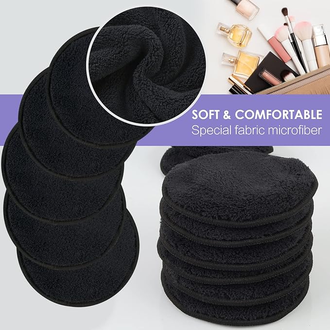 SUNLAND Reusable Makeup Remover Pads for Face,Eye,Lips 32 Pack Microfiber Face Cleansing Gloves Washable with Laundry Bag and Travel Bag Rounds Toner Pads（Round 3.15inchx32,Black）