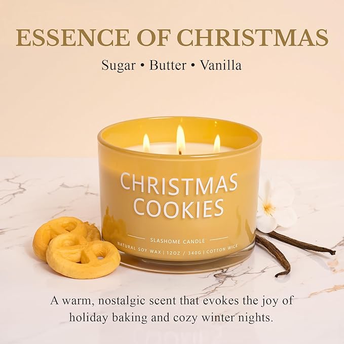 Christmas Cookie Candle, Large 3 Wick 12oz Soy Scented Candle, Luxury Christmas Birthday & Winter Holiday Gift for Women & Men, Long Lasting 60+ Hour Clean Non-Toxic Burn, Elegant Winter Home Decor